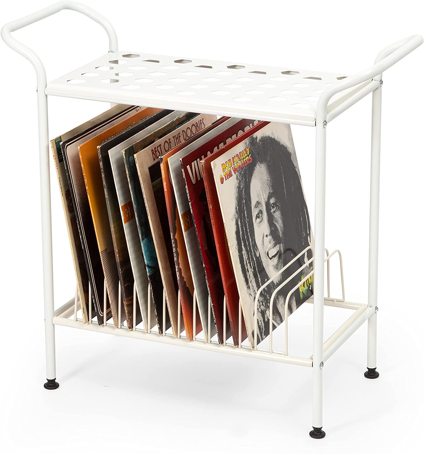 Ilyapa 2-Tier White Metal Record Player Stand with 14 Slot Vinyl