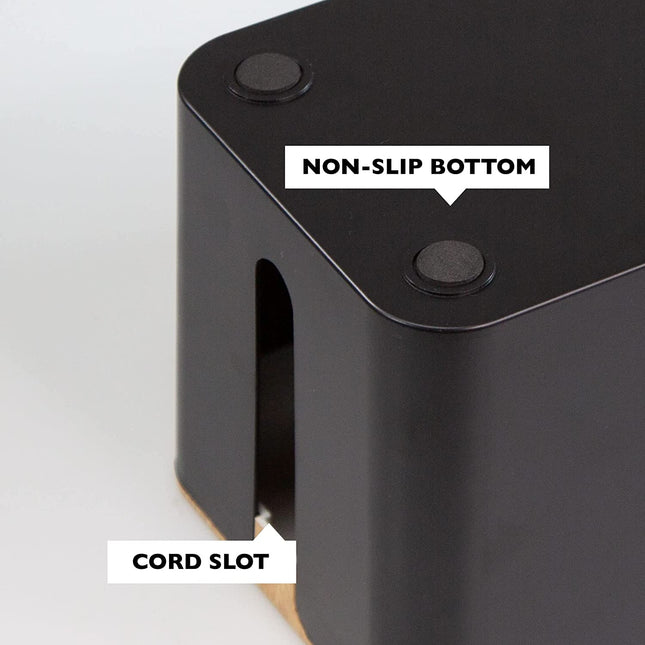 Cable Management Box - Cord Organizer for Wires, Power Strips - with Cable Sleeve, Hook and Loop Strap, Zip Ties, Clips - Black Plastic, Wood Top
