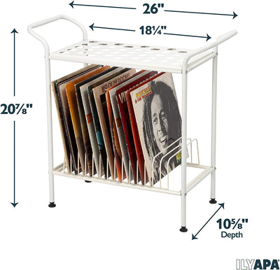Ilyapa 2-Tier White Metal Record Player Stand with 14 Slot Vinyl Record Holder - Turntable Storage with Record Shelf