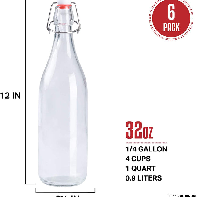 32 oz Clear Glass Beer Bottles for Home Brewing - 6 Pack with Airtight Rubber Seal Flip Caps