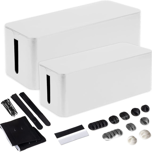 Cable Management Box 2 Pack - Cord Organizer for Wires, Power Strips - Includes Cable Sleeve, Hook and Loop Strap, Zip Ties, Clips - White Plastic