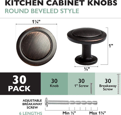 Ilyapa Oil Rubbed Bronze Kitchen Cabinet Knobs - 1 1/4 Inch Round Drawer Handles - 30 Pack of Kitchen Cabinet Hardware