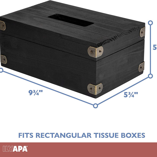 Ilyapa 10 x 6 Rustic Tissue Box Holder - Hinged Lid Tissue Dispenser for Bathroom Living Room Bedroom - Black Weathered Wood