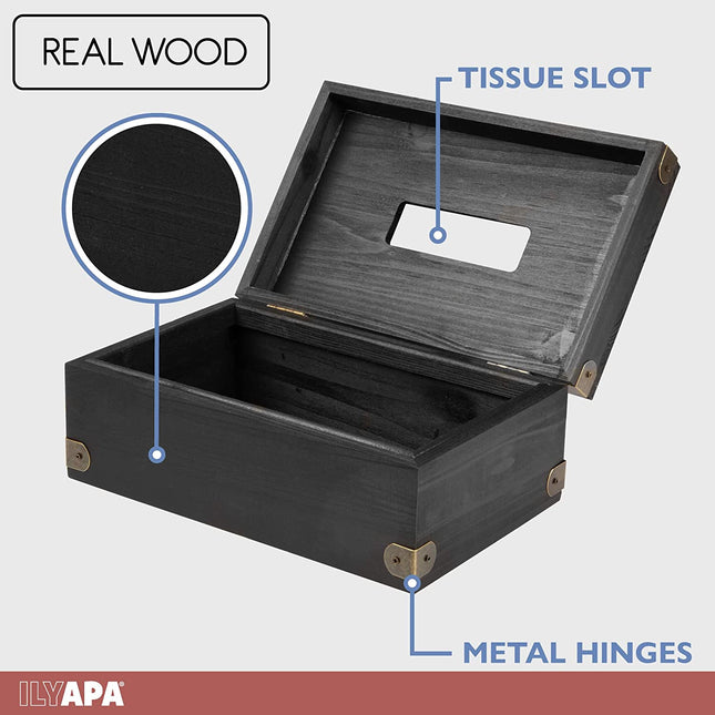 Ilyapa 10 x 6 Rustic Tissue Box Holder - Hinged Lid Tissue Dispenser for Bathroom Living Room Bedroom - Black Weathered Wood