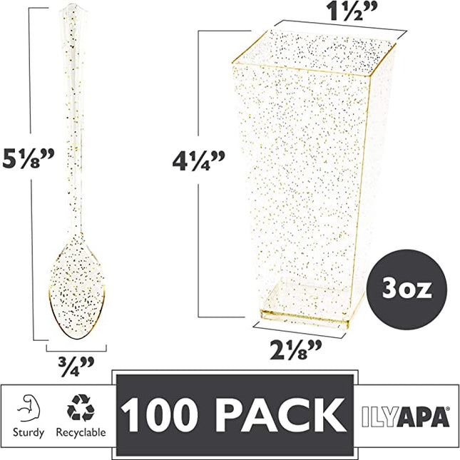 100 Mini Plastic Dessert Cups with Spoons - 3 oz Gold Glitter Dessert Shooters