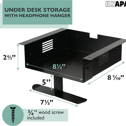 Ilyapa Under Desk CPU Mount with Headphone Hanger - 2.8 x 8.1 x 8.5 Steel Computer Mount for Home Office Desk - Includes Wood Screws