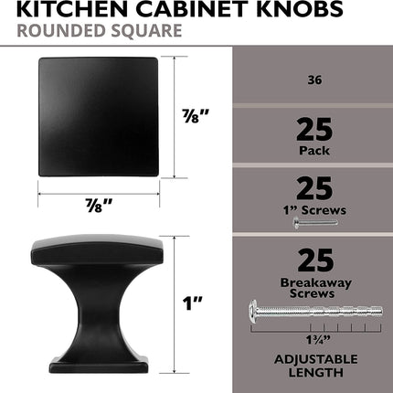 Ilyapa Rounded Square Cabinet Knob, Black 25 Pack 1 inch Kitchen Cabinet Knob Drawer Pull Handle Hardware