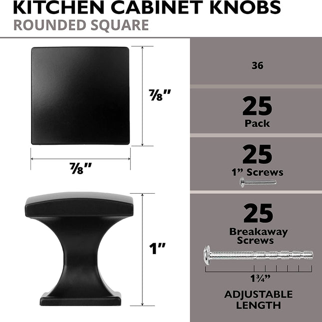 Ilyapa Rounded Square Cabinet Knob, Black 25 Pack 1 inch Kitchen Cabinet Knob Drawer Pull Handle Hardware