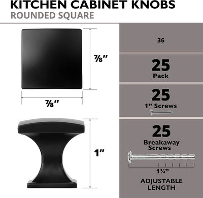 Ilyapa Rounded Square Cabinet Knob, Black 25 Pack 1 inch Kitchen Cabinet Knob Drawer Pull Handle Hardware