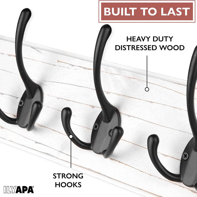 Ilyapa Wall Mounted Coat Rack, White Wooden Coat Hook Rail - 38" with 10 Tri Hooks