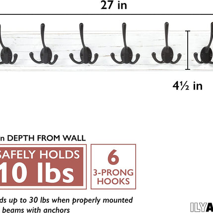 Ilyapa Wall Mounted Coat Rack, White Wooden Coat Hook Rail - 27" with 6 Tri Hooks