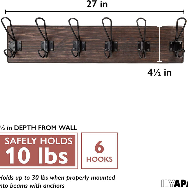 Ilyapa Wall Mounted Coat Rack, Espresso Wooden Coat Rack - 27" with 6 Hooks