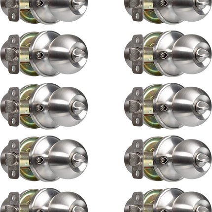 Interior Privacy Door Knobs, 10 Pack - Keyless Locking Ball-Satin Nickel Finish