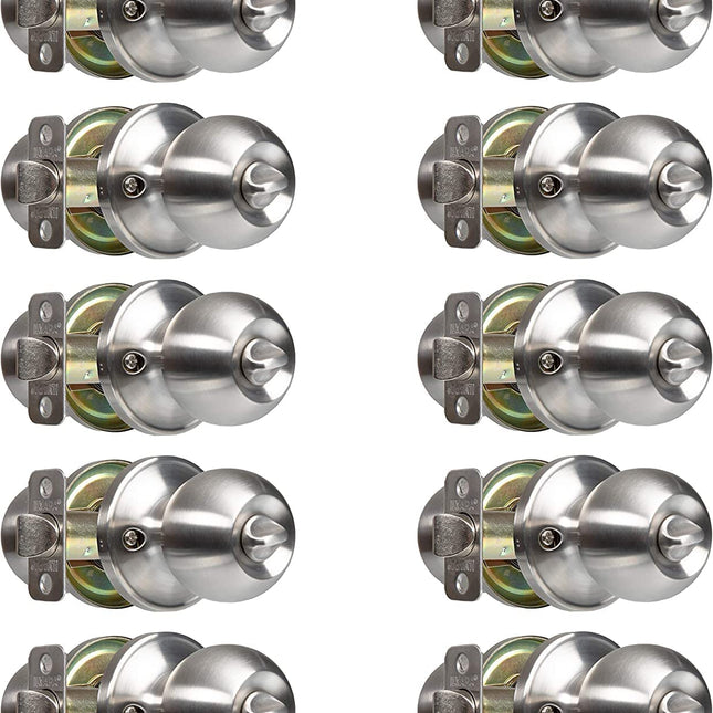 Interior Privacy Door Knobs, 10 Pack - Keyless Locking Ball-Satin Nickel Finish