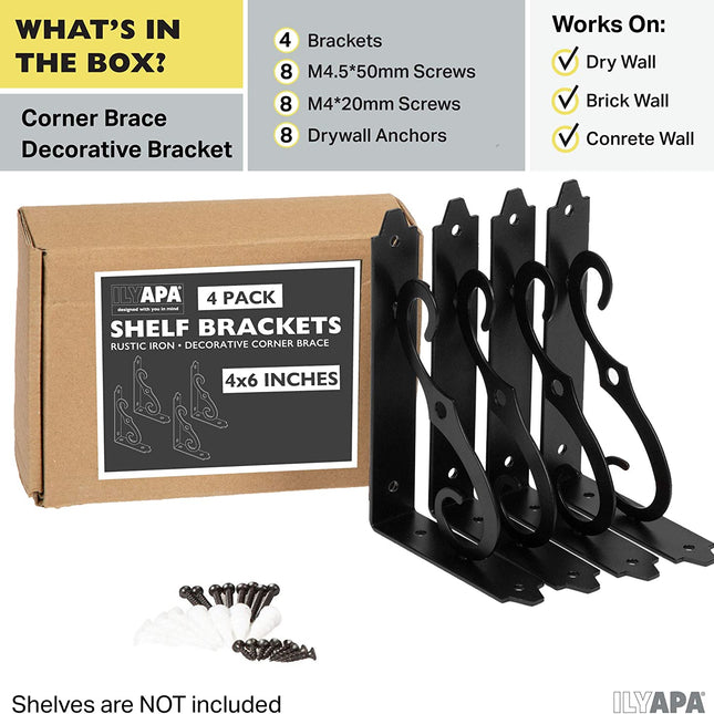Heavy Duty Floating Shelf Brackets, 4 Pack - 4x6 Inch Decorative Metal Corner Brace Support for Wall Mount Shelves