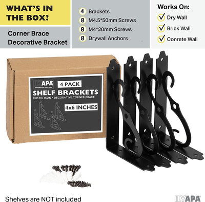 Heavy Duty Floating Shelf Brackets, 4 Pack - 4x6 Inch Decorative Metal Corner Brace Support for Wall Mount Shelves