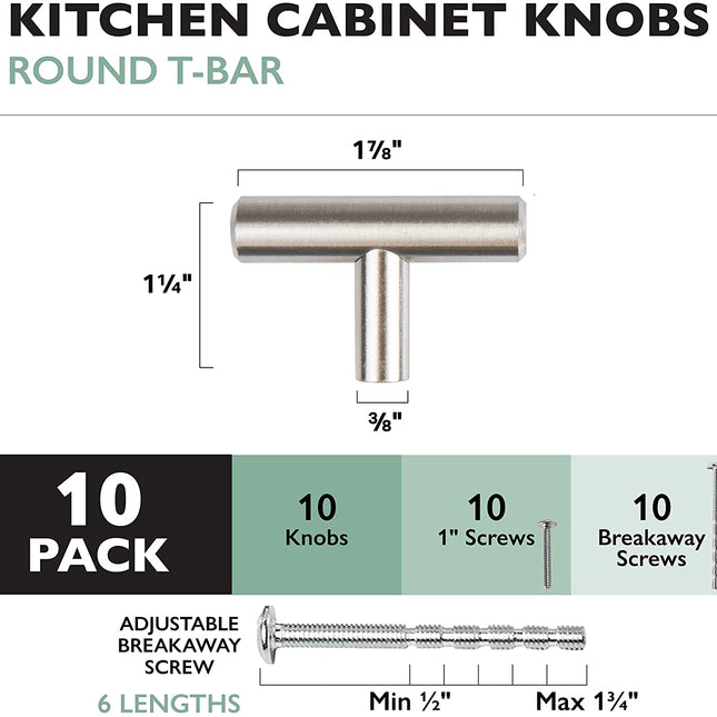 Satin Nickel Kitchen Cabinet Knobs, 10 Pack - T-Knob Drawer Pull Handle Hardware