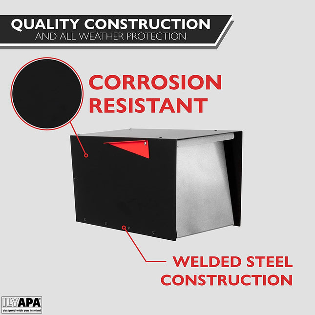 Ilyapa Modern Design Mailbox, Ready to Post Mount - Black Powder Coated Steel Heavy Duty , All Weather