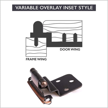 Self Closing Cabinet Hinges Oil Rubbed Bronze, 50 Pack - 3/8 Inch Inset Variable Overlay Kitchen Cabinet Door Hinge Hardware
