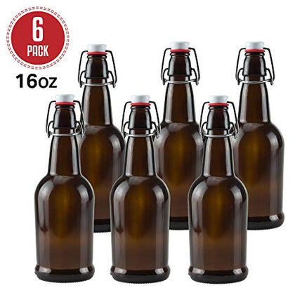 Ilyapa 16oz Amber Glass Beer Bottles for Home Brewing - 6 Pack with Airtight Rubber Seal Flip Caps