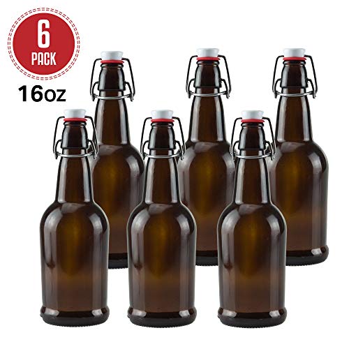 Ilyapa 16oz Amber Glass Beer Bottles for Home Brewing - 6 Pack with Airtight Rubber Seal Flip Caps