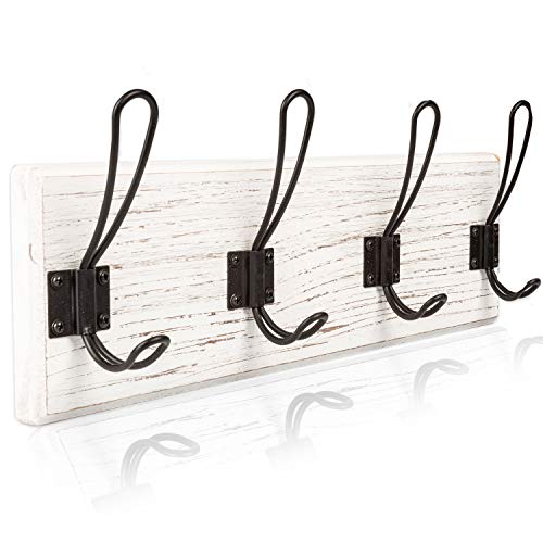 Wall Mounted Coat Rack - Rustic Wooden 4 Hook Coat Hanger Rail, White Distressed Wood, Black Metal Hooks