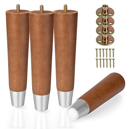 Ilyapa Wooden Furniture Legs with Silver Footing - Set of 4 Brown 8 Inch Tapered Replacement Furniture Leg for Sofas, Chairs, Loveseats, Ottoman, Dressers, End Tables
