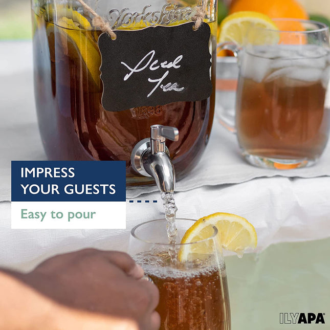 Outdoor Glass Beverage Dispenser with Stainless Steel Spigot, Ice Cylinder & Hanging Chalkboard - 1 Gallon Drink Dispenser for Lemonade, Tea, Cold Water & More