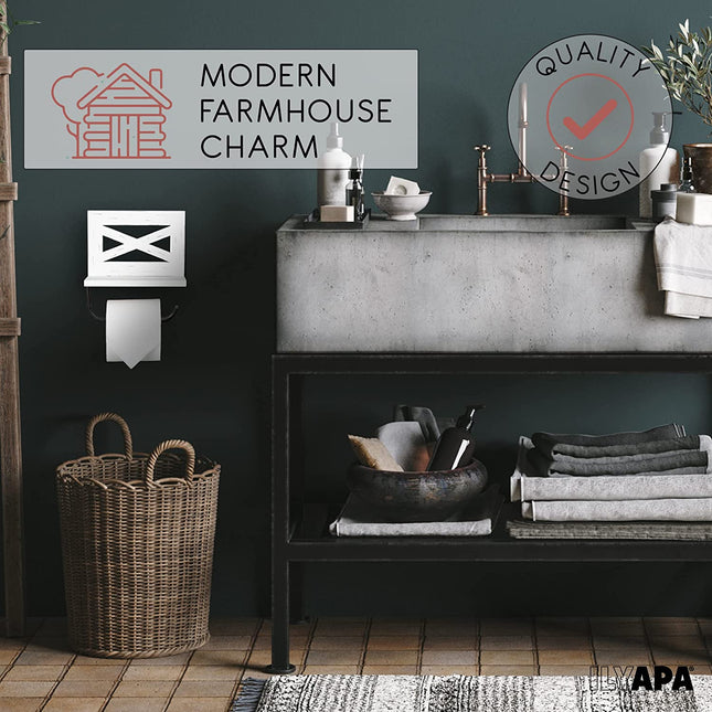 Ilyapa Farmhouse Toilet Paper Holder - Weathered White Rustic Wood Wall Mount