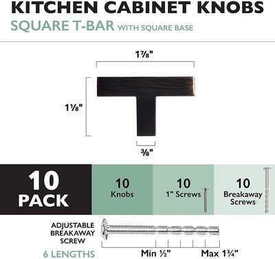 Oil Rubbed Bronze Kitchen Cabinet Knobs, 10 Pack - Modern Square T-Knob Drawer Pull Handle Hardware