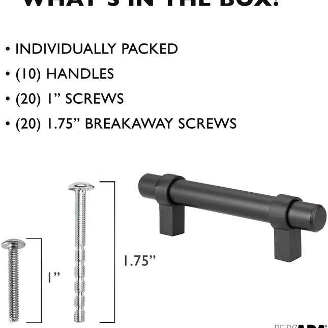 Black Kitchen Cabinet Handles - 3.75 Inch Hole Center Bar Pulls - 10 Pack of Kitchen Cabinet Knob Hardware