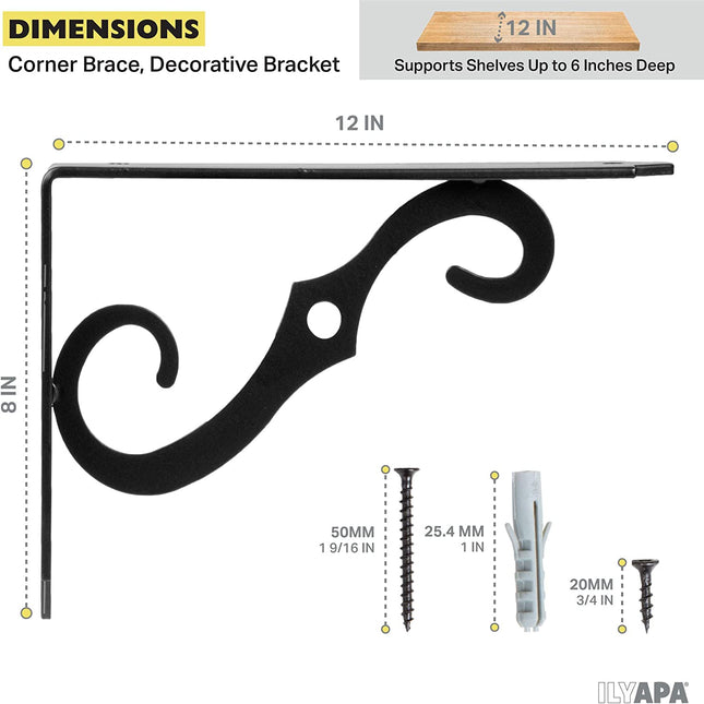 Heavy Duty Floating Shelf Brackets, 4 Pack - 8x12 Inch Decorative Metal Corner Brace Support for Wall Mount Shelves