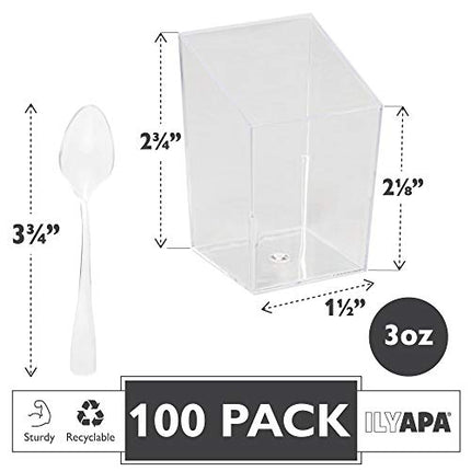 100 Mini Plastic Dessert Cups with Spoons - 3 oz Slanted