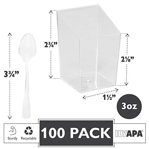 100 Mini Plastic Dessert Cups with Spoons - 3 oz Slanted