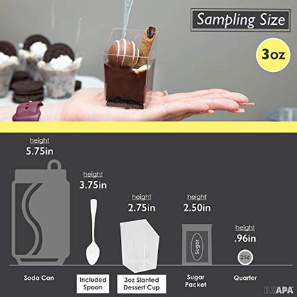 100 Mini Plastic Dessert Cups with Spoons - 3 oz Slanted