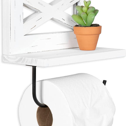 Ilyapa Farmhouse Toilet Paper Holder - Weathered White Rustic Wood Wall Mount