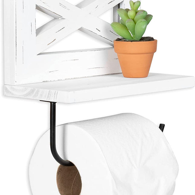 Ilyapa Farmhouse Toilet Paper Holder - Weathered White Rustic Wood Wall Mount
