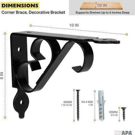 Heavy Duty Floating Shelf Brackets, 4 Pack - 6x10 Inch Decorative Metal Shelf Holders for Wall Mount Shelves