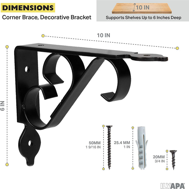 Heavy Duty Floating Shelf Brackets, 4 Pack - 6x10 Inch Decorative Metal Shelf Holders for Wall Mount Shelves