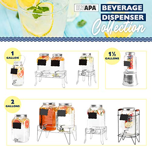 2 Gallon Glass Beverage Dispenser with Infuser, Metal Base, Stainless Steel Spigot & Hanging Chalkboard - Outdoor Drink Dispenser for Lemonade, Tea, Cold Water & More