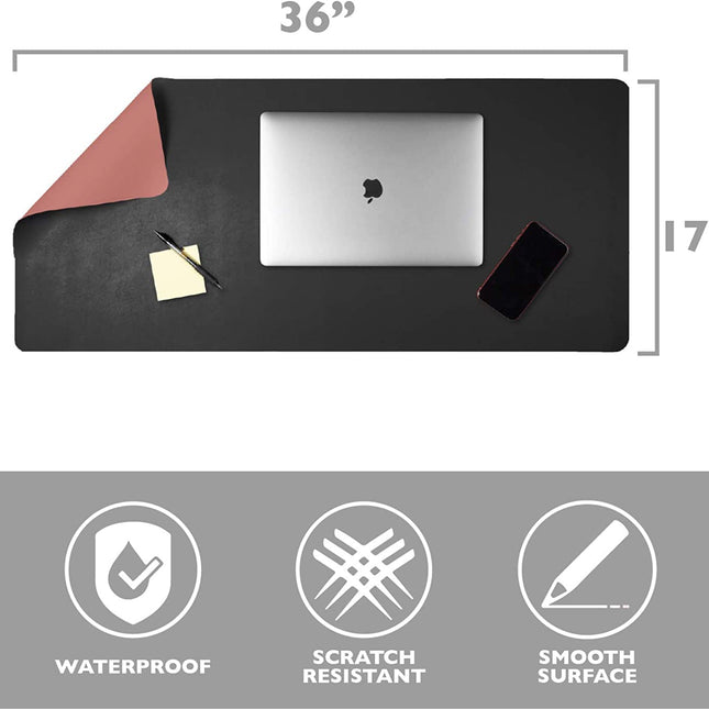 Office Desk Mat, Double Sided Black & Mauve - 36 x 17 Inch Leather Style Computer Pad for Desk