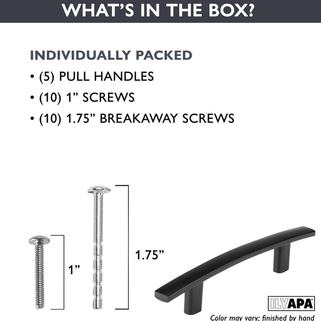 Ilyapa Black Kitchen Cabinet Handles - 3 Inch Hole Center - 5 Pack of Curved Bar