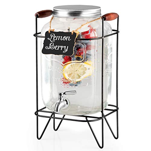 2 Gallon Glass Beverage Dispenser with Infuser, Metal Base, Stainless Steel Spigot & Hanging Chalkboard - Outdoor Drink Dispenser for Lemonade, Tea, Cold Water & More