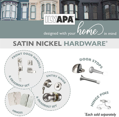 Modern Style Front Door Exterior Handleset - Lock Set Handle Hardware with Single Cylinder Deadbolt Lock and Halifax Lever - Low Profile Contemporary Design - Satin Nickel Finish