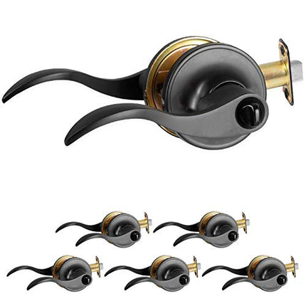 Interior Privacy Door Lever - Keyless Locking Reversible Door Handles for Bedroom and Bathroom - Improved Matte Black Finish - (6 Pack)