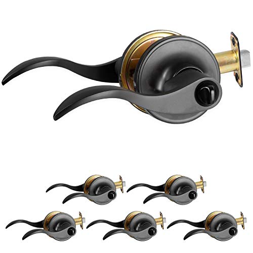 Interior Privacy Door Lever - Keyless Locking Reversible Door Handles for Bedroom and Bathroom - Improved Matte Black Finish - (6 Pack)