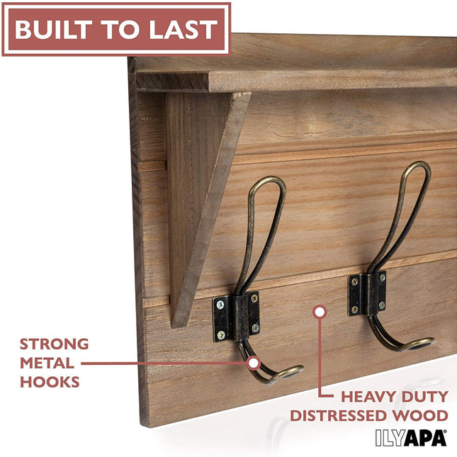 Wall Mounted Coat Rack with Shelf - 16 Inch Rustic Wooden 4 Hook Coat Hanger Rail, Barnwood, Black Metal Hooks