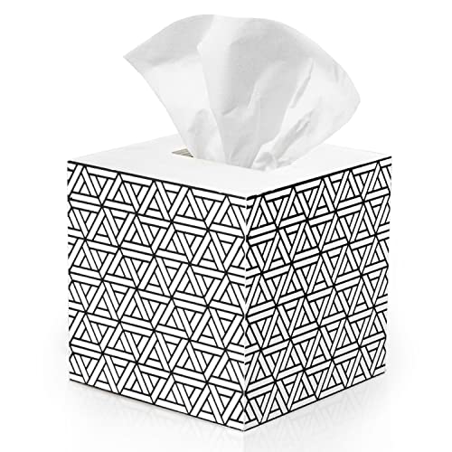 Ilyapa Wooden Tissue Box Cover, White Wood Geometric Design - Modern Printed White Wooden Tissue Holders