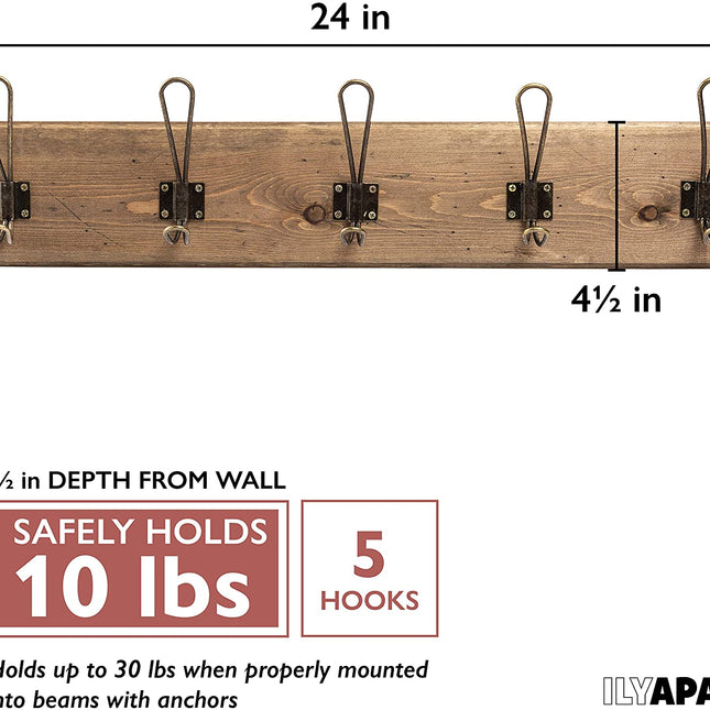 Wall Mounted Coat Rack - Rustic Wooden 5 Hook Coat Hanger Rail, Distressed Wood, Antique Brass Hooks