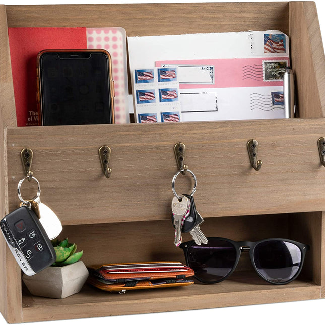 Ilyapa Rustic Wooden Key and Mail Holder with Shelf - Wall Mounted